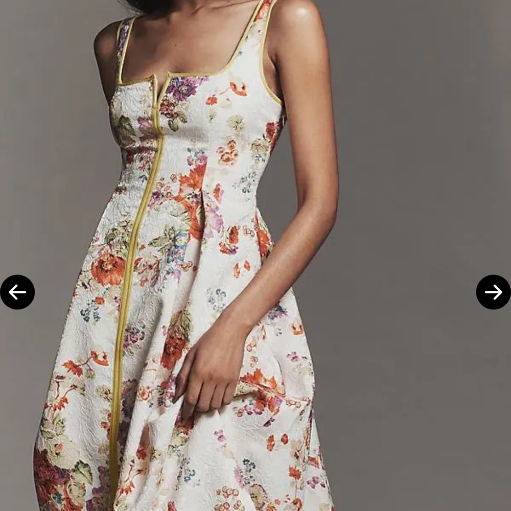 Anthropologie Maeve Square-Neck Piped Midi Dress Cream Floral - Picture 2 of 7